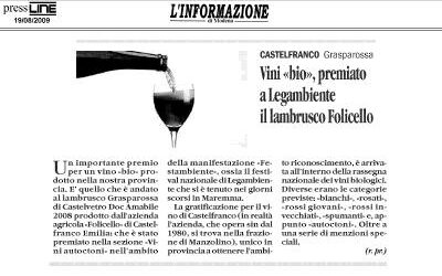 Vini “Bio”, premiato da Legambiente il Lambrusco Folicello